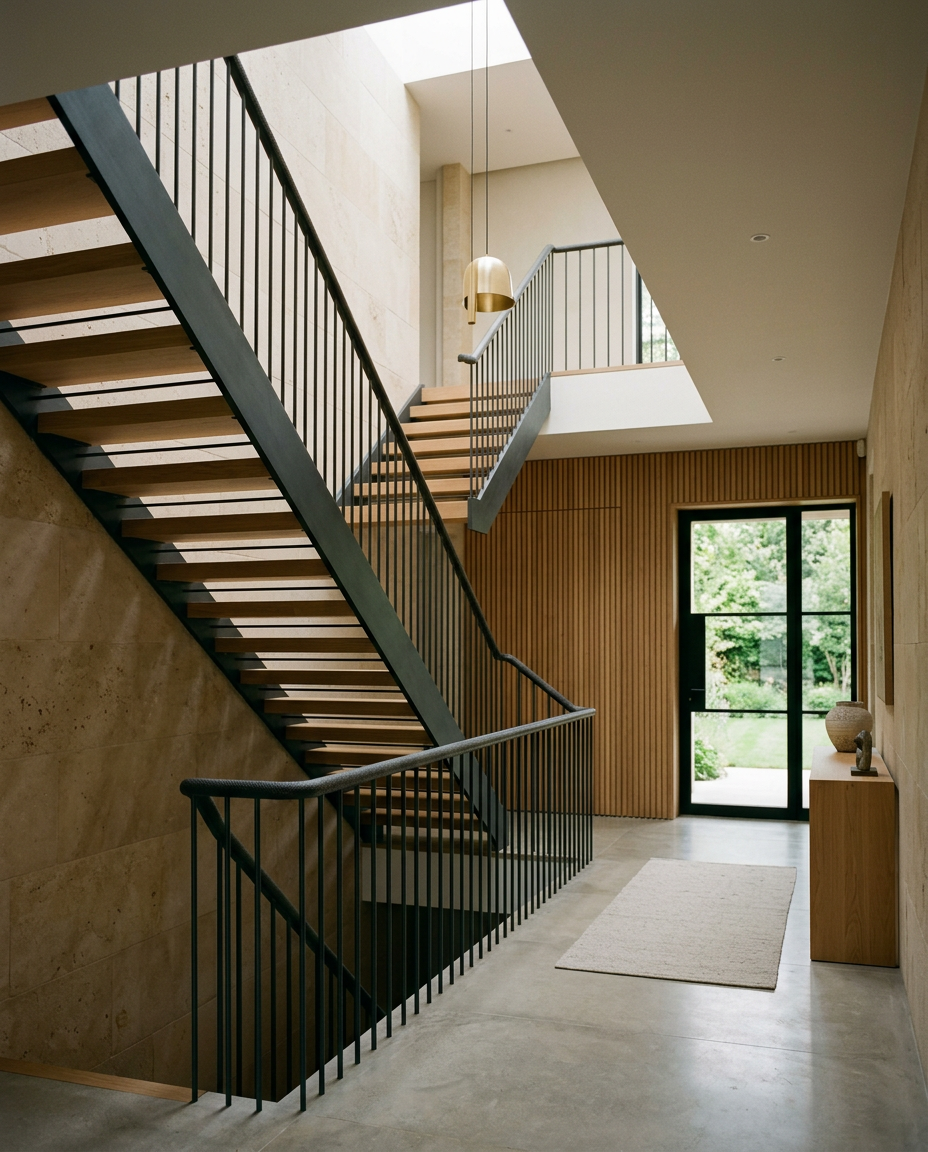 Minimal entrance hall with limestone walls, oak slatted panel and a brass pendant light