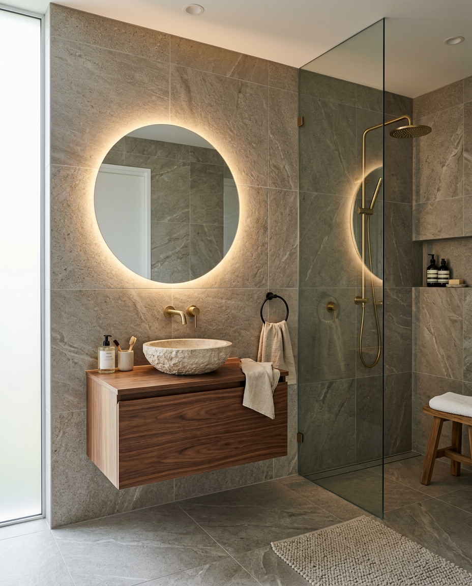 Modern bathroom with stone tiles and floating walnut vanity