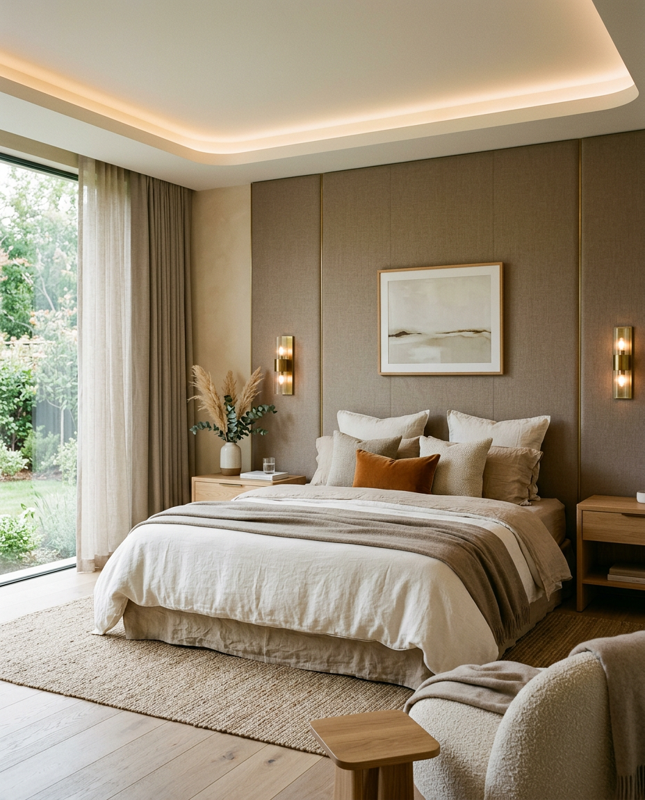 Serene master bedroom with upholstered headboard wall