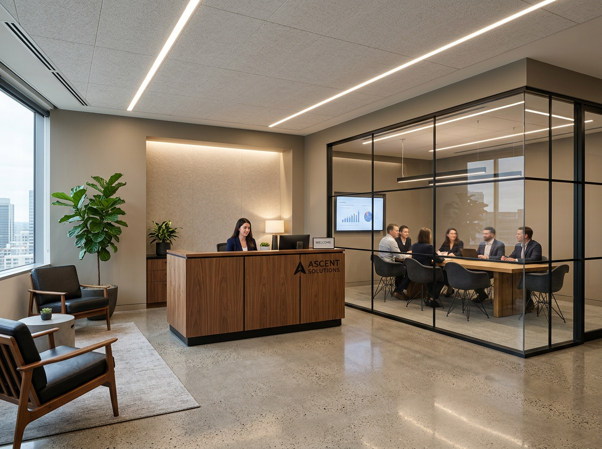 Modern office reception with walnut desk and glass partitions