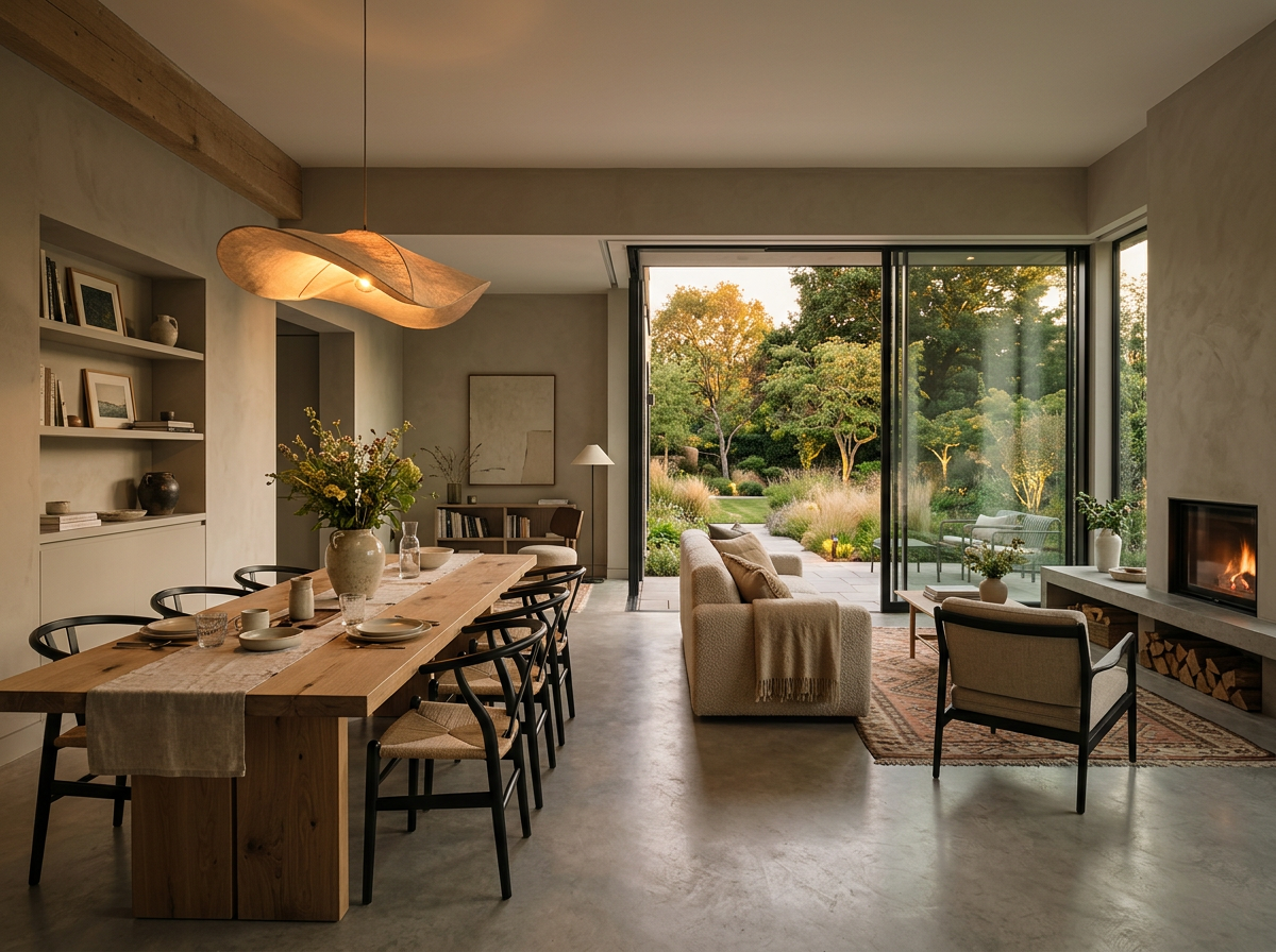 Residential dining area with oak table and sculptural pendant