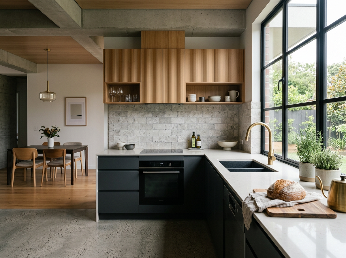 Contemporary kitchen with charcoal and oak cabinetry