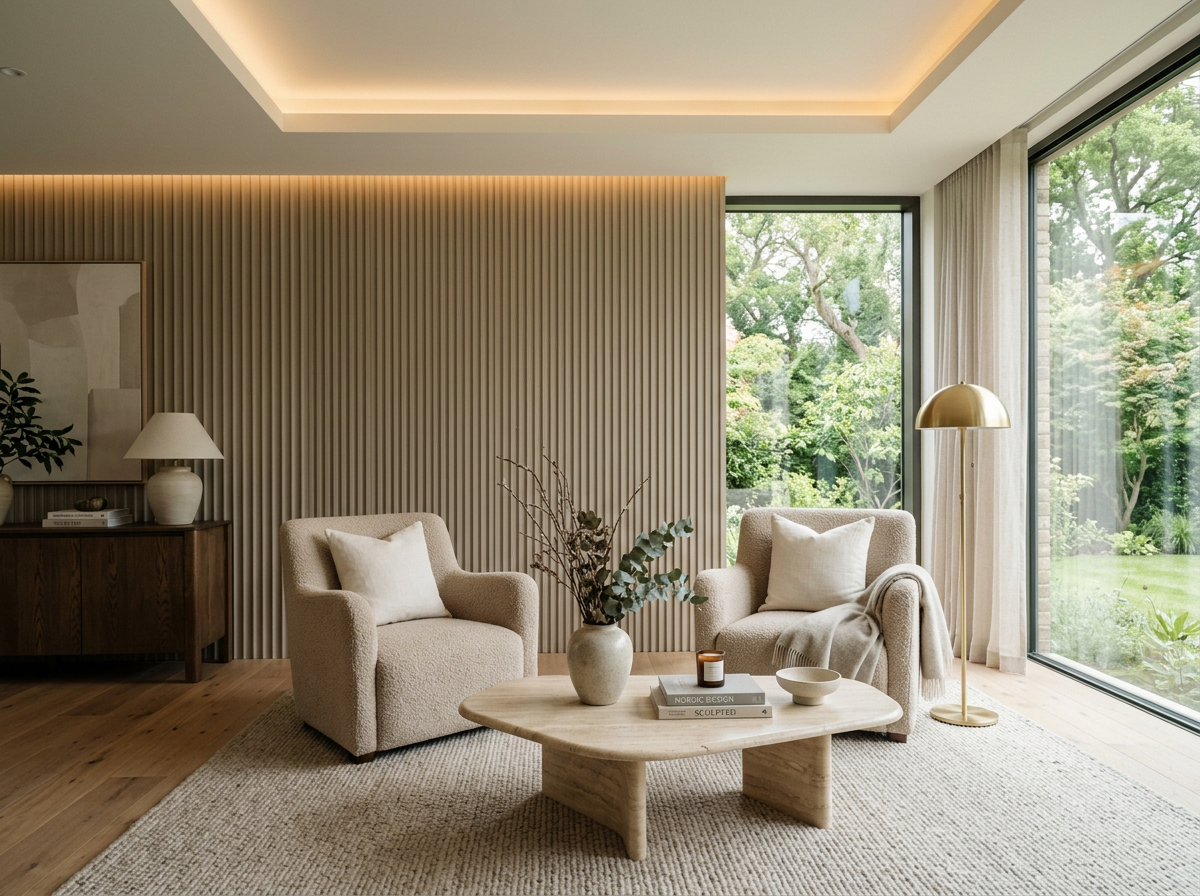 Modern living room with boucle armchairs and fluted wall panelling
