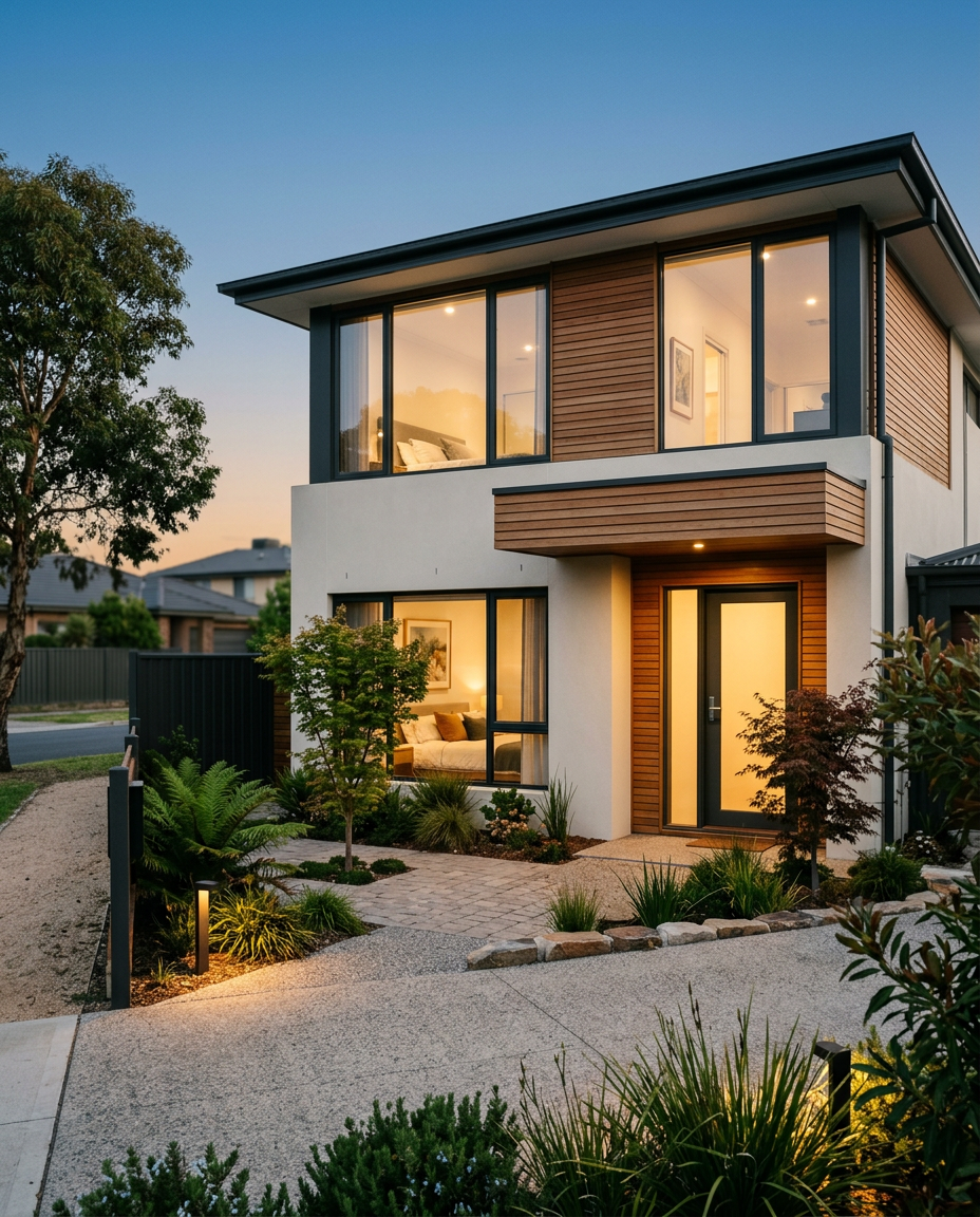 Contemporary two-storey residence exterior at dusk