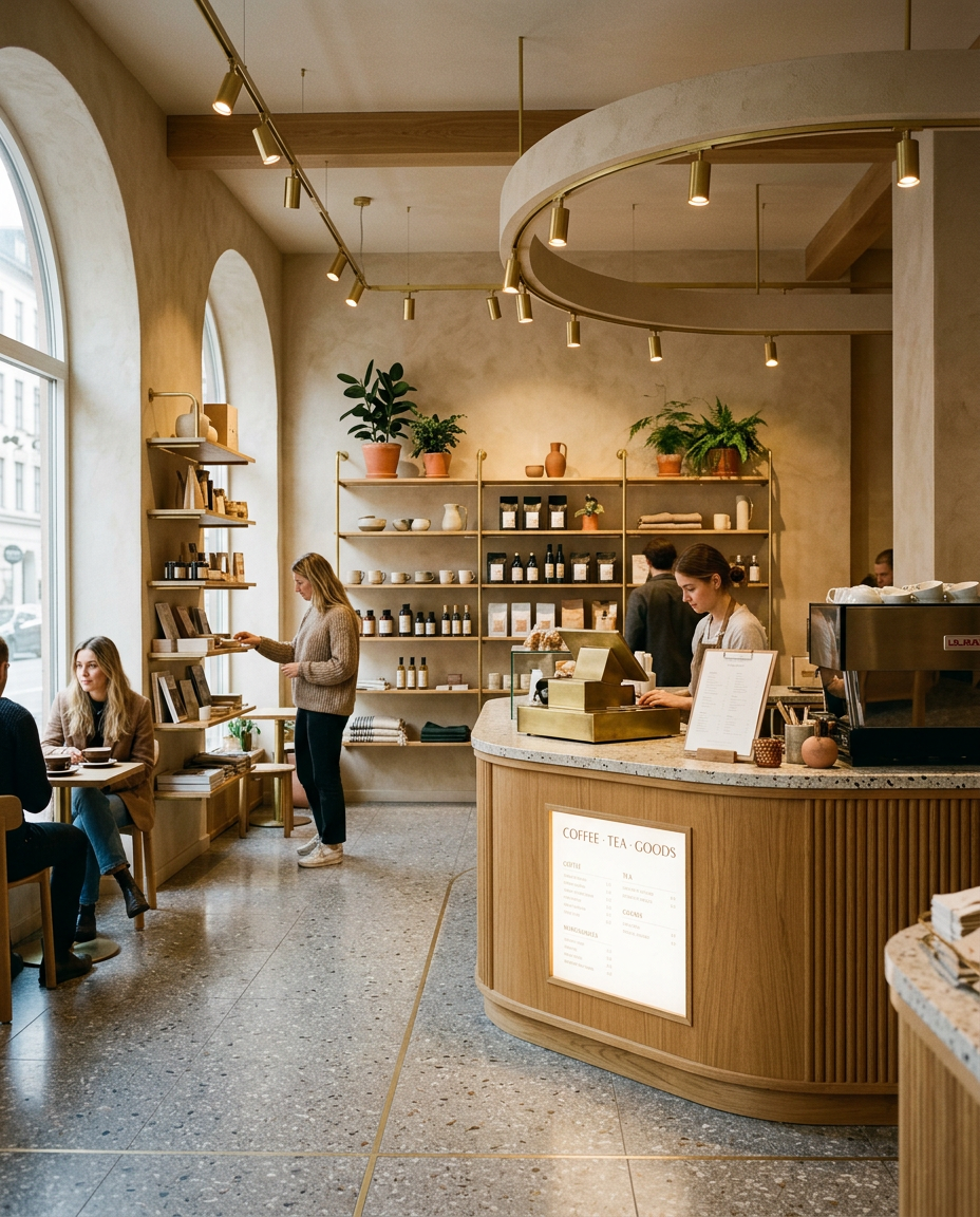 Retail interior with plaster walls and curved oak counter